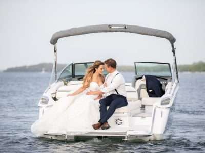 Wedding Day Bride Groom on their Cobalt speed boat
