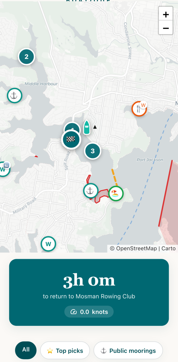 The Boatique live harbour map open on a phone, showing the boat's position, swim spots, no-go zones and a countdown to the return time